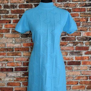 Vintage 60's Benny's Co Turquoise Blue Knit Geometric Textured Shift Dress - 38